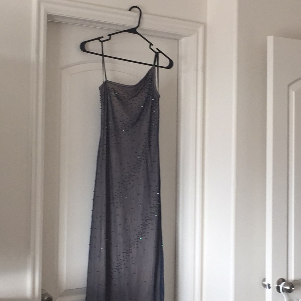 One shoulder dress. Tan lined blue tulle beads.